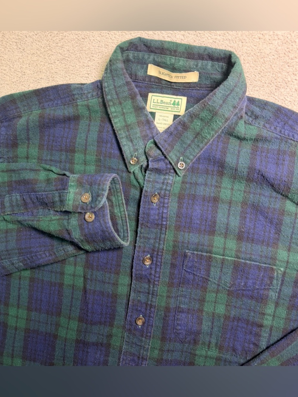 L.L Bean Flannel Shirt Mens Large Tall Slightly Fitted Black Watch Tartan Plaid